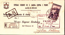1956-ITALIA LAVORO Lire 55 Isolato Su Cartolina Raccomandata Arezzo (7.3) - 1946-60: Marcophilia