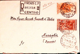 1953-LEONARDO Lire 25 + ITALIA LAVORO Lire 100 Su Raccomandata Firenze (23.1) Pe - 1946-60: Marcophilia