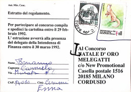 1992-CARTOLINA CONCORSO Affrancata Castelli Lire 600 + Chiudilettera Antituberco - 1991-00: Marcophilie