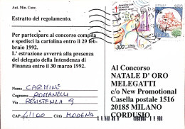 1992-CARTOLINA CONCORSO Affrancata Castelli Lire 350 + Chiudilettera Antituberco - 1991-00: Poststempel