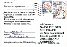 1992-CARTOLINA CONCORSO Affrancata Castelli Lire 350 + Chiudilettera Antituberco - 1991-00: Marcophilia