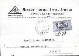 1959-GUERRA INDIPENDENZA Lire 15 Isolato Su Cartolina Spresiano (22.8) - 1946-60: Marcophilia