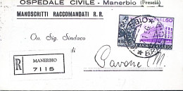 1956-X ANNIVERSARIO FAO Lire 60 Isolato Su Piego Raccomandato Manerbio (27.1) - 1946-60: Poststempel