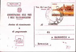 1954-TURISTICA Lire 20 Isolato Su Avviso Ricevimento - 1946-60: Marcofilie