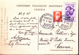 1945-Venezia Convegno Filatelico Nazionale (23.9) Su Cartolina Viaggiata Affranc - Marcofilie