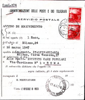 1947-Democratica Coppia Lire 3 Avviso Ricevimento Milano (16.4) - 1946-60: Poststempel