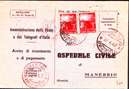 1947-Democratica Coppia Lire 3 Avviso Ricevimento Manerbio (27.4) - 1946-60: Poststempel