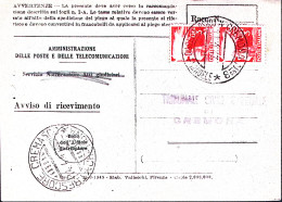 1947-Democratica Coppia Lire 3 Avviso Ricevimento Cremona (11.4) - 1946-60: Marcophilia