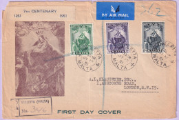 1951-Malta  700^ Anniversario Dello Scapolare Serie Cpl. (225/7) Fdc Raccomandat - Malte