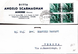 1947-Democratica Blocco Quattro Lire 1 Su Cartolina Minerbe (7.7) - 1946-60: Poststempel