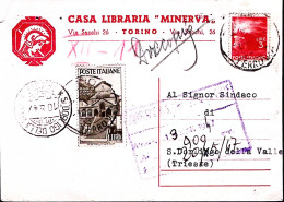 1947-MEDIOEVALI Lire 1 + Democratica Lire 3 Su Cartolina Torino (6.5) Fori Spill - 1946-60: Marcophilia