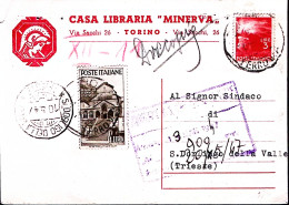 1947-MEDIOEVALI Lire 1 + Democratica Lire 3 Su Cartolina Torino (6.5) Fori Spill - 1946-60: Marcophilie