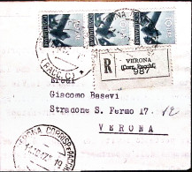 1947-Democratica Striscia Tre Lire 10 Ardesia Su Piego Raccomandato Verona (11.1 - 1946-60: Marcophilia
