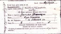 1943-POW CAMP 2/1 SOUTH AFRICA Manoscr. Su Cartolina Franchigia Da Prigioniero D - Marcophilia