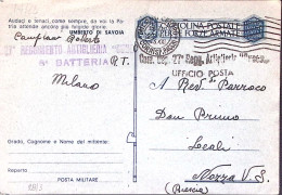1943-DEPOS 27 RET ARTIGLIERIA/UFFICIO Posta Lineare Su Cartolina Franchigia Mano - Marcophilia