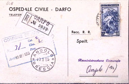 1955-ITALIA LAVORO Lire 55 Isolato Su Cartolina Raccomandata Darfo (8.1) - 1946-60: Marcophilia