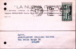 1949-BIEMMALE Venezia Lire 15 Isolato Su Cartolina Firenze (15.6) Fori Archivio - 1946-60: Poststempel