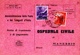 1948-Democratica Lire 4 E 6 Su Avviso Ricevimento - 1946-60: Marcofilie