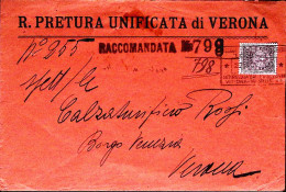 1937-RECAPITO AUTORIZZATO C.10 Su Busta Raccomandata Verona (22.8) Per Citta' - Marcophilia