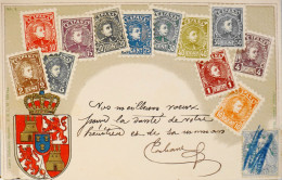 C.P.A. Carte Postale Philatélique Gaufrée Avec Armoiries - Représentation De Timbres Poste Anciens D'ESPAGNE - TBE - Postzegels (afbeeldingen)