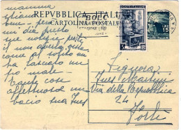 1952-cartolina Postale L.15 Con Affrancatura Aggiunta L.5 Italia Al Lavoro,annul - 1946-60: Marcophilia