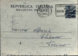 1950-biglietto Postale L.20 Azzurro Olivo Con Istruzioni In Parte Sopra La Perfo - 1946-60: Poststempel