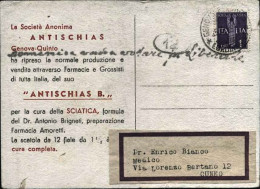 1946-cartolina A Stampa Su Carta Assorbente Della Societa' Antischias Di Genova  - Marcophilie