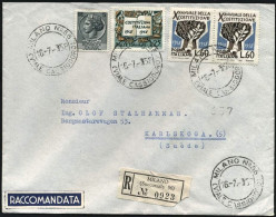 1958-lettera Raccomandata Per La Svezia Affrancata L.5 Turrita+L.25+coppia L.60  - 1946-60: Marcophilie