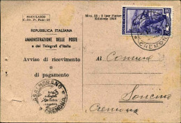 1953-avviso Di Ricevimento Postale Affrancato L.20 Italia Al Lavoro,annullo Di S - 1946-60: Marcophilia