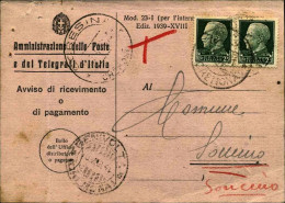1941-avviso Di Ricevimento Postale Affrancato Coppia 25c.Imperiale,annullo Di So - Marcophilia