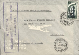 1957-I^volo Alitalia Parigi Milano Napoli Del 14 Aprile - Posta Aerea