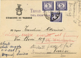 1949-cartolina Comunale Da Varese Tassa A Carico Del Destinatario Espletata Con  - 1946-60: Poststempel