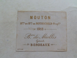 (Bordeaux - Etiquette Ancienne - Grand Cru) - MOUTON  " Baron De MIOLLIS " 1918 (Héritiers Du Baron De Rothschild) - Rode Wijn