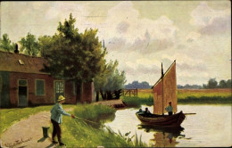 Artiste CPA Gerstenhauer, Johann Georg, Niederländisches Motiv, Angler Am Flussufer, Segelboot - Autres & Non Classés