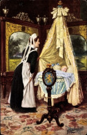 Artiste CPA Gerstenhauer, Johann Georg, Kindermädchen Betrachtet Schlafendes Baby In Der Wiege - Autres & Non Classés