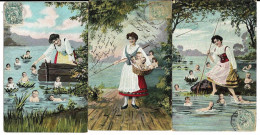 3 Cpa Pêche à La Ligne De Bébés Multiples, Ed. KVIB 785 & KF 126, Envoi 1906... - Babies