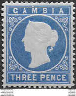 1880-81 Gambia Queen Victoria 3d. Bright Ultramarine MLH SG N. 20B Variety - Sonstige & Ohne Zuordnung