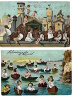 2 Cpa Bébés Multiples En Ballade Sur Les Toits Et En Canoë, Série 303, Envoi 1904 - Bébés