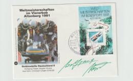 Autograph Cover: Wolfgang Hoppe, Four-man Bobsleigh Gold World Championship 1991 Franked W/Souvenir Sheet. Postal Weight - Hiver