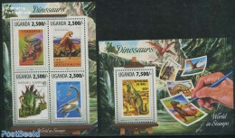 Uganda 2013 Dinosaurs 2 S/s, Mint NH, Nature - Prehistoric Animals - Stamps On Stamps - Prehistorics