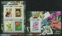 Uganda 2013 Orchids 2 S/s, Mint NH, Nature - Flowers & Plants - Orchids - Stamps On Stamps - Postzegels Op Postzegels