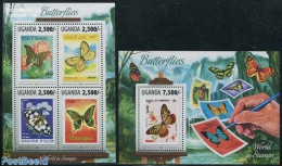 Uganda 2013 Butterflies 2 S/s, Mint NH, Nature - Butterflies - Stamps On Stamps - Postzegels Op Postzegels
