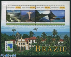 Saint Vincent & The Grenadines 2013 Union Island, Sites & Scenes Of Brazil 4v M/s, Mint NH, Nature - Water, Dams & Fal.. - Sculpture