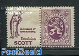 Belgium 1929 40c + Scott Croissance Et Convalescence Tab, Unused (hinged), Health - Nature - Food & Drink - Fish - Unused Stamps