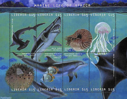 Liberia 2001 Marine Life 8v M/s, Mint NH, Nature - Fish - Sea Mammals - Shells & Crustaceans - Sharks - Poissons