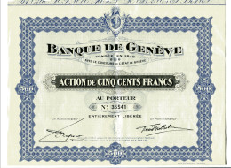 BANQUE De GENÉVE; Action De Cinq Cents Francs - Banco & Caja De Ahorros