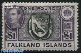 Falkland Islands 1938 1 Pound, Stamp Out Of Set, Unused (hinged), History - Nature - Transport - Coat Of Arms - Sea Ma.. - Schiffe