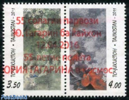 Tajikistan 2016 Gagarin Red Overprint 2v [:], Mint NH, Nature - Transport - Flowers & Plants - Space Exploration - Tadschikistan