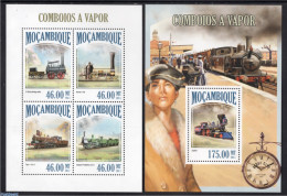 Mozambique 2013 Railways 2 S/s, Mint NH, Transport - Railways - Art - Clocks - Eisenbahnen