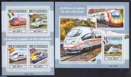 Mozambique 2015 European Railways 2 S/s, Mint NH, History - Transport - Flags - Railways - Eisenbahnen